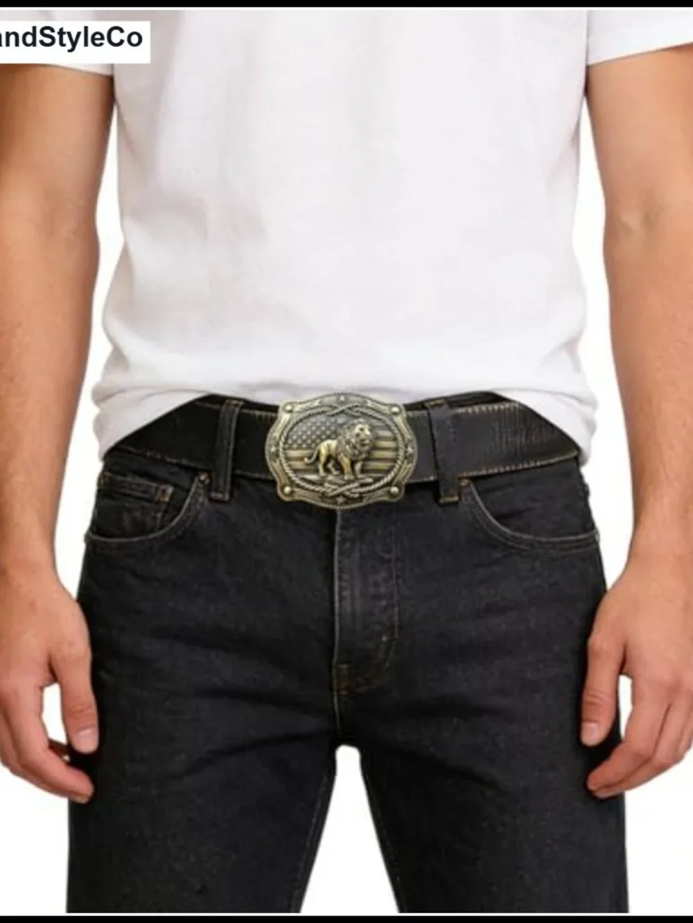 Genuine Leather Western Belt with Bronze Lion Buckle